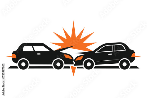 Illustration of Two Black Cars in Headon Collision with Orange Spark Explosion