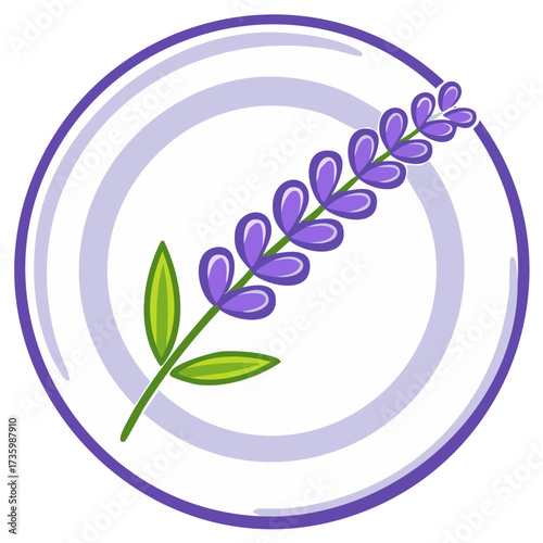 Lavender sprig illustration on white background with purple circle frame. Herbal design