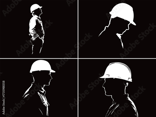 Four silhouettes of construction workers highlight their profiles with hard hats against a dark backdrop. The stark contrast emphasizes their focus and dedication to safety.