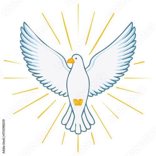 Symbol of the Holy Spirit a white dove flying with spread wings and rays of light