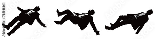 A man in a black suit is depicted in a series of dynamic poses that suggest weightlessness and motion. The stark contrast creates an artistic visual effect.