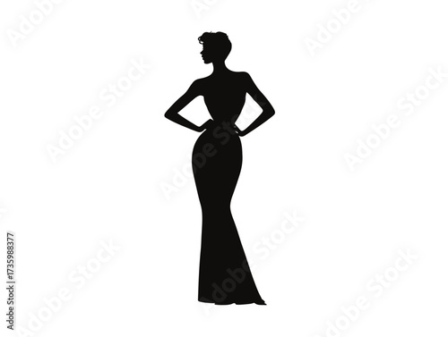 A tall, slender silhouette of a fashion model stands confidently in an elegant evening gown. The sleek design highlights sophistication and beauty in a minimalist presentation.