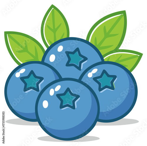 Stylized illustration of blueberries with green leaves, healthy and fresh.