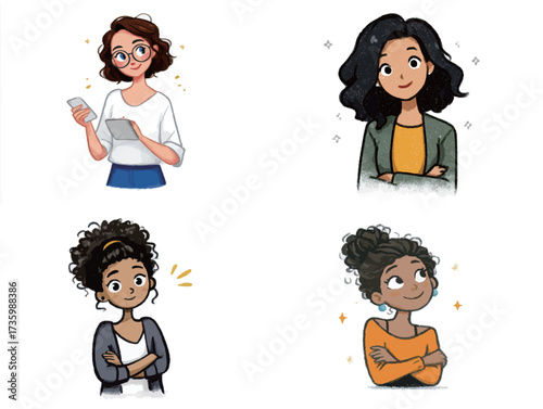 Four women with different hairstyles and outfits are depicted in a playful style. Each woman is shown engaging in thoughtful expressions while holding devices or posing.