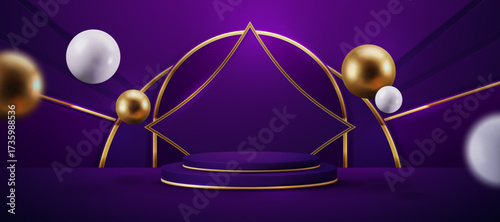 Purple and gold product stage with geometric frame and spheres