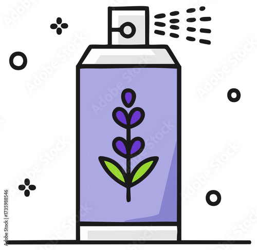 Spray bottle illustration with lavender sprig, flat design. Aroma, air freshener concept.
