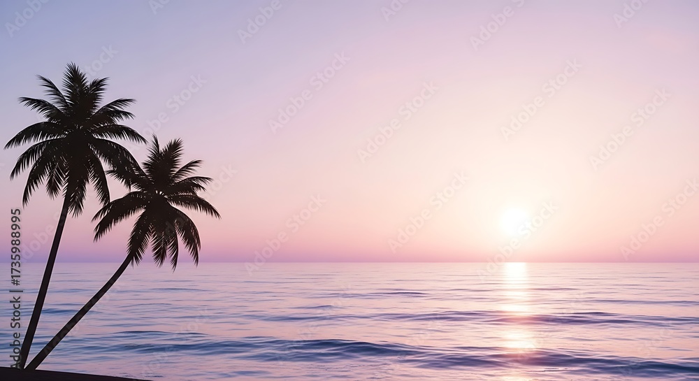 Obraz premium Silhouetted Palm Trees Against a Pastel Sunset Over the Ocean image photo