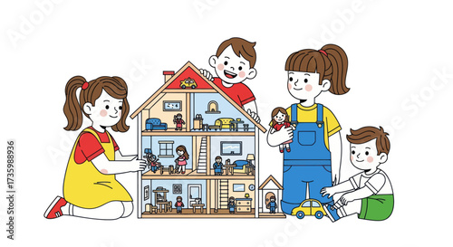 Diverse children joyfully playing with a detailed dollhouse and miniature figures.