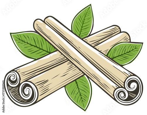 Illustration of Cinnamon Sticks with Green Leaves Food and Spice Theme
