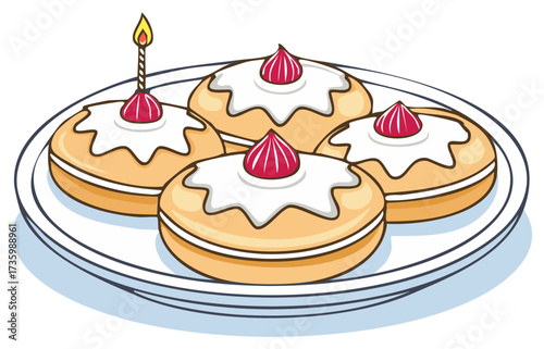 Plate of donuts with icing and toppings with lit candle on one