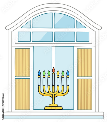 Cartoon Hanukkah Menorah with Lit Candles on Windowsill Celebrating Holiday