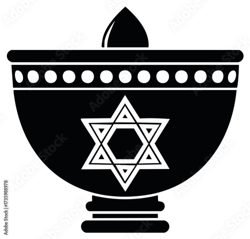 Black and white illustration of a menorah with a Star of David ornament and a flame