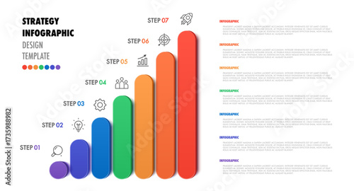 Infographic template 7 steps modern 3d color style for logic analysis, presentation, start up project, business strategy, theory basic operation vector 10 eps