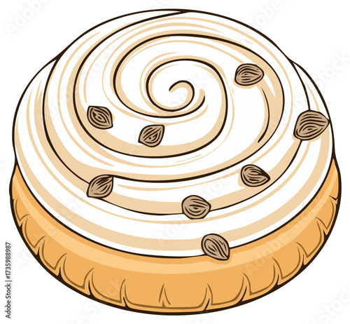 Delicious frosted cinnamon roll swirls topped with nuts ready to eat food illustration cartoon design concept baking