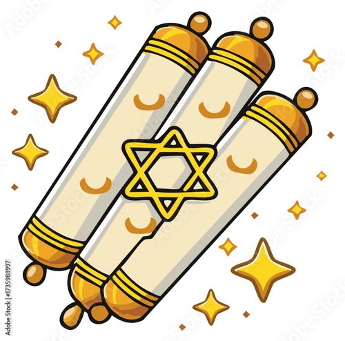 Illustration of Torah scrolls and Star of David, celebrating Judaism and its traditions