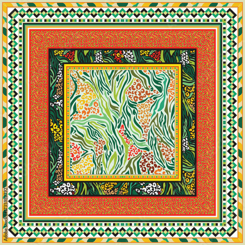 Square shape colorful flowers scarf pattern with decorative ditsy print border, geometric hue frames
