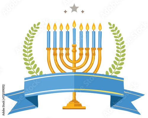 Bright Hanukkah menorah illustration with nine blue lit candles olive branches and a festive blue banner