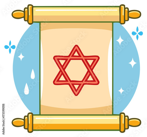 Jewish Torah Scroll with Star of David Illustration, Religious Book, Holiday Symbol, Cartoon Graphic, Celebration