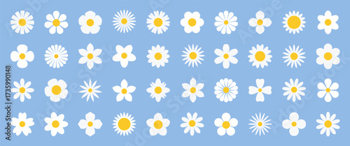 Daisy camomile flower icon set. Simple cute white flower collection vector. 