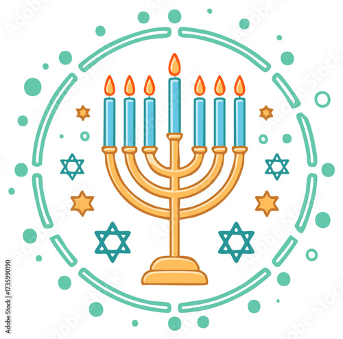 Hanukkah menorah with lit candles and Stars of David festive Jewish holiday vector illustration icon