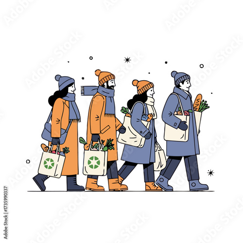 Diverse group people walking in line, wearing winter clothing and carrying reusable shopping bags filled with groceries, symbolizing sustainable shopping and winter errands