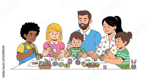 Diverse Family Decorating Colorful Easter Eggs Together.