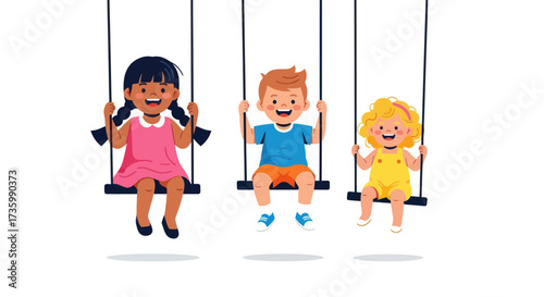 Three happy children of diverse ethnicities enjoying swings on a bright day.