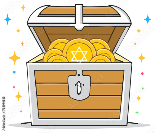 Cartoon treasure chest overflowing with gold coins and sparkles, a symbol of abundance
