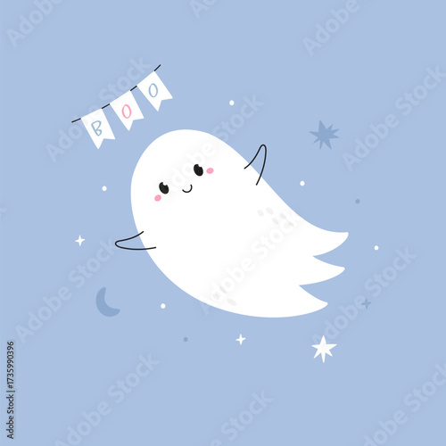 Cute Smiling Ghost with Boo Banner, Funny Halloween Illustration on Blue Background
