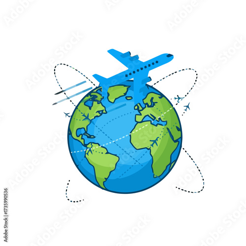 Blue airplane flying around green and blue globe with dotted flight paths, representing global travel and aviation