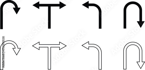Road traffic direction arrows set vector u turn, left, right, two way and three way transportation arrow symbols isolated.