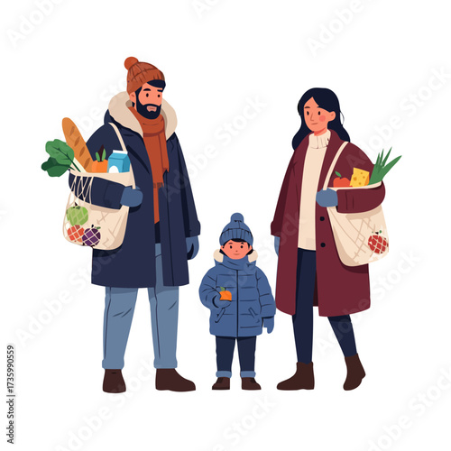 Family in winter clothing with grocery bags filled with fresh produce and bread