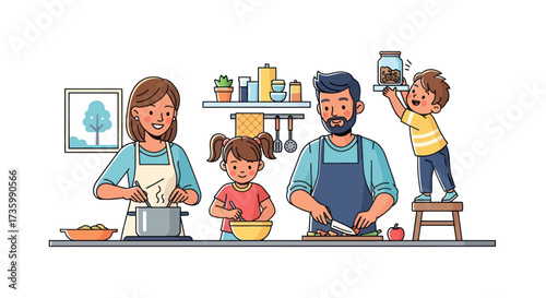 Illustrated Family Cooking Together: Parents and Two Children Preparing Food.