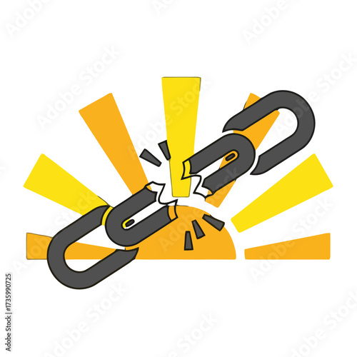 Broken chain link symbolizing the end connection or barrier being overcome, set against backdrop rising sun with radiating yellow and orange rays