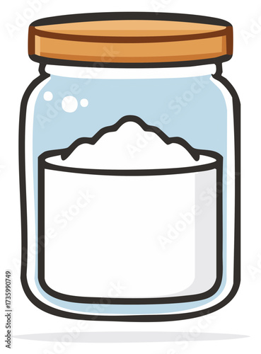 Cartoon glass jar filled with flour or sugar, wooden lid, cooking element, isolated