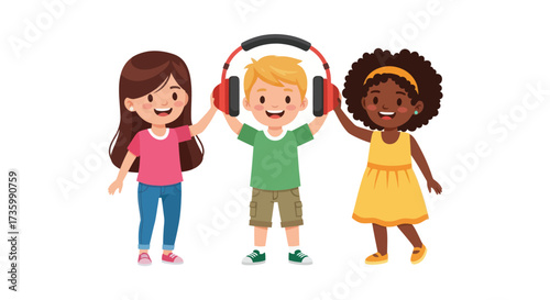 Three Diverse Children Holding Large Headphones Together Smiling.