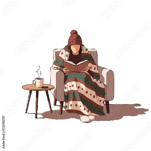 Person reading book wrapped in blanket, sitting in chair with cup hot steaming coffee on small side table next to them, cozy winter scene