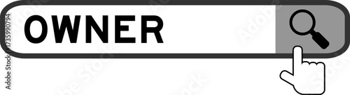 Search banner in word owner with hand over magnifier icon on white background