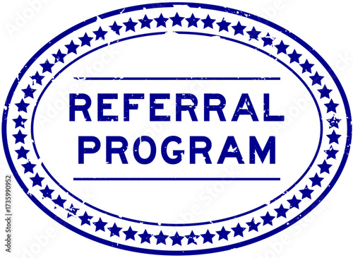 Grunge blue referral program word oval seal stamp on white background