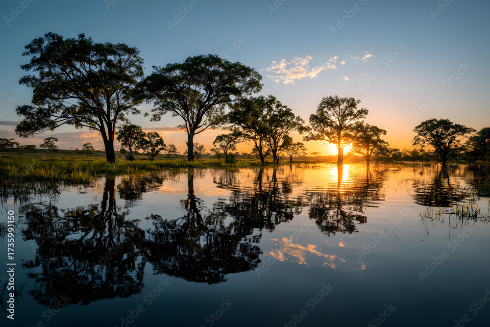 Obraz premium Breathtaking landscape of the Pantanal at dusk, with silhouettes of trees reflected on the water. Corumba, Mato Grosso do Sul, Brazil. Brazilian nature and wilderness.
