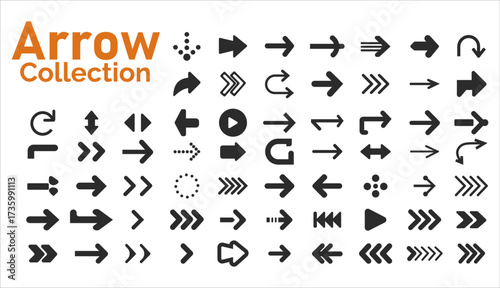 Diverse collection of black arrows pointing in various directions and styles