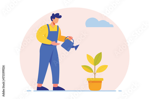 Man in Overalls Watering Plant in Pot with Blue Watering Can, Minimalist Style
