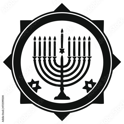 Hanukkah menorah with lit candles and Star of David symbol in black white design for Jewish festival