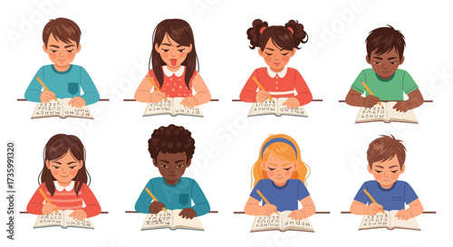 Diverse Group of Children Studying and Writing in Notebooks at Desks.