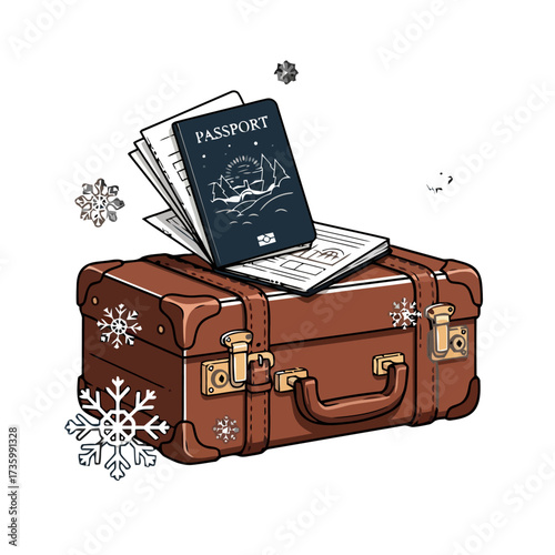 Vintage brown suitcase with passport and papers on top, surrounded by snowflakes