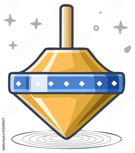 Whimsical Golden Spinning Top Toy with Blue Diamond Pattern and Sparkling Magic