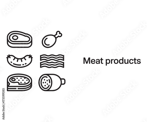 A set of six black line icons representing various meat products, including steak, chicken, sausage, and bacon.