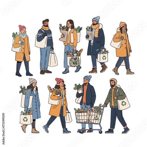 Diverse group people in winter attire carrying shopping bags filled with groceries, some with reusable bags, depicting shopping and sustainable consumption