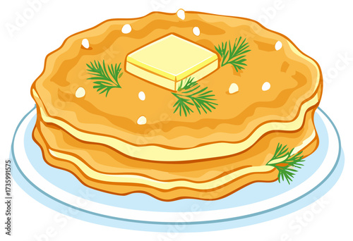 Stack of golden pancakes with butter and dill on a plate