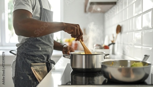 Black man in a denim apron stirring a pot on a sleek, modern induction stovetop